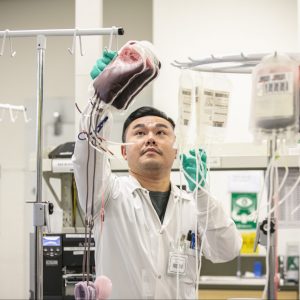 Image of a man in a lab coat and gloves hanging bags of blood in a laboratory