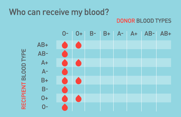 This chart breaks down blood donation recipient vs. blood donor blood types to show which patients can receive blood type O.